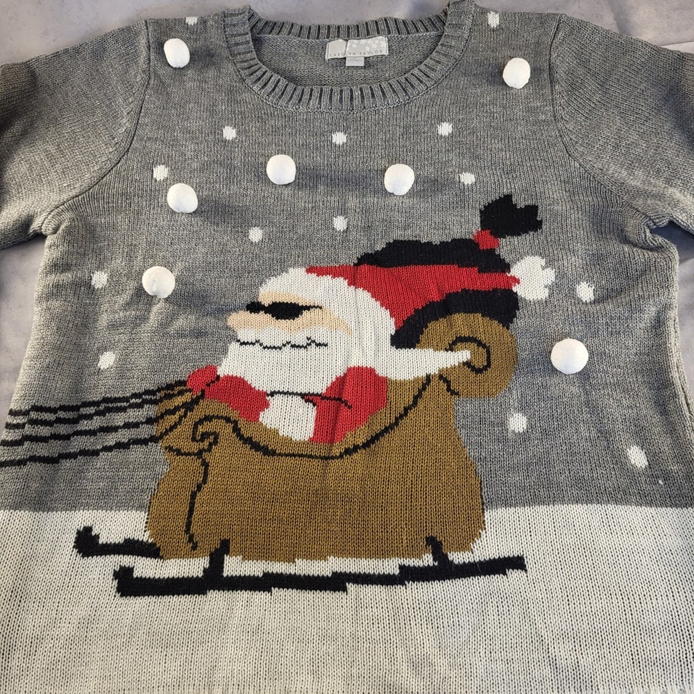 Carolyn Taylor XL Ugly Christmas Sweater Holiday Santa Sleigh With Snowballs